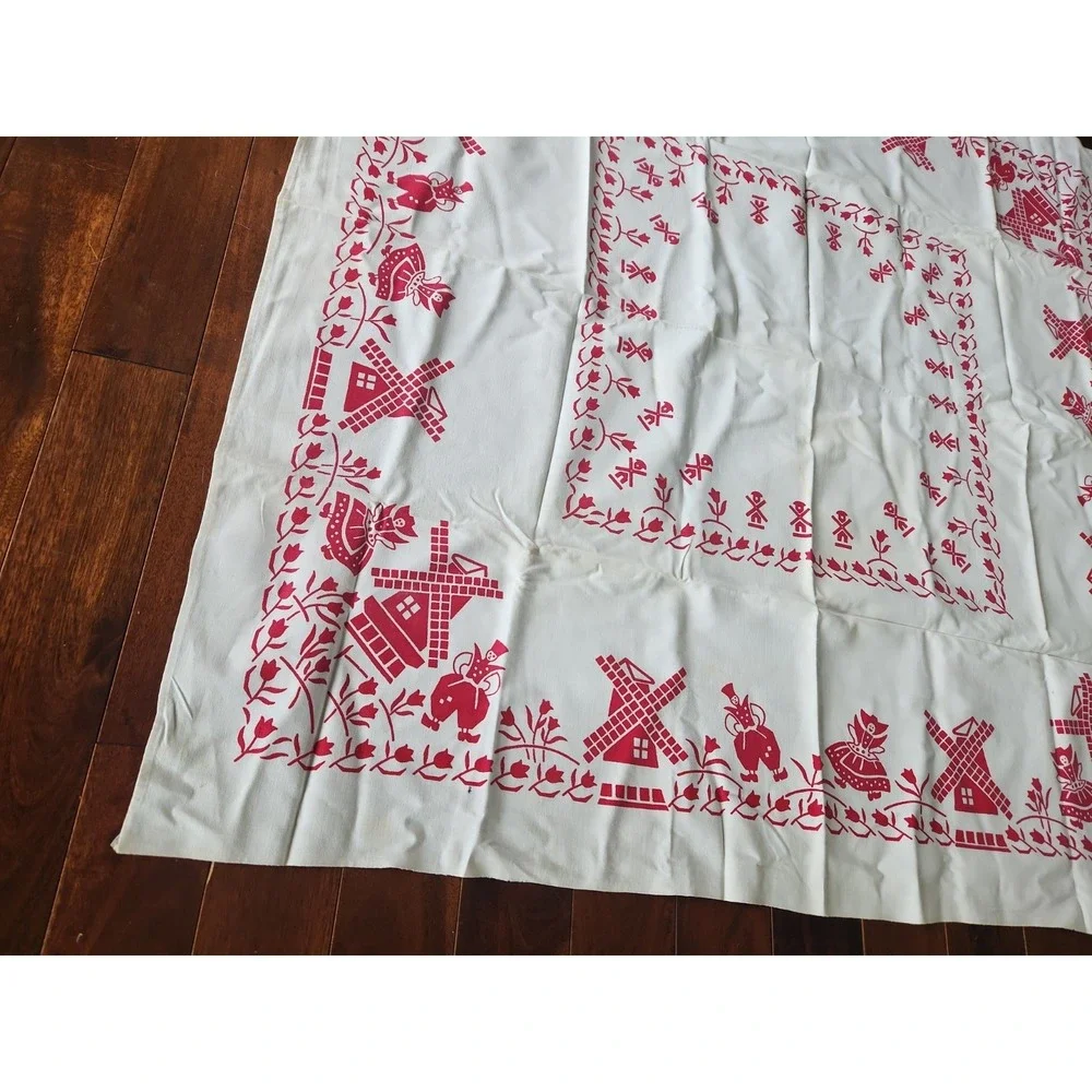Vtg cotton printed tablecloth red dutch girl boy windmill tulip floral 47 x 46.5